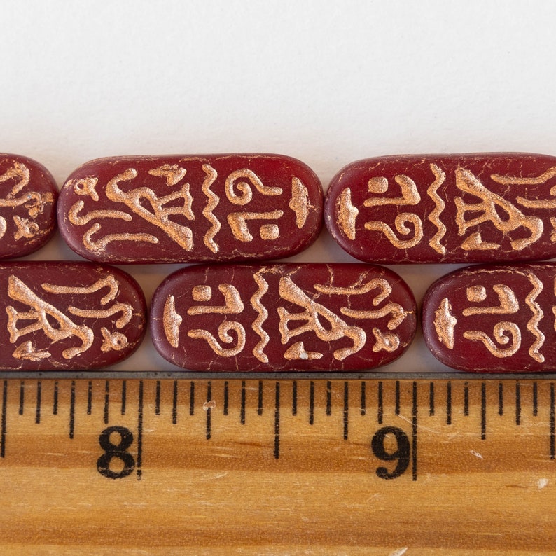 10x25mm Cartouche Beads Czech Glass Beads Hieroglyphic Red with a Copper Finish 4 Beads image 3