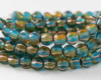 6mm Melon Bead - Czech Glass Beads For Jewelry Making - Teal Amber Mix With Copper Wash - 25 beads