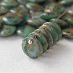 12mm Top Drilled Lentil Beads - Czech Glass Beads For Jewelry Making - Turquoise Teal Picasso Beads Green Picasso - 25 or 50