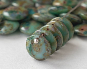 12mm Top Drilled Lentil Beads - Czech Glass Beads For Jewelry Making - Turquoise Teal Picasso Beads Green Picasso - 25 or 50