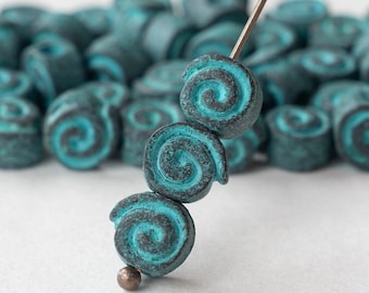 Mykonos Beads - Green Patina Spiral Beads For Jewelry Making - 10mm Bead Made In Greece - Large Hole Beads -  Boho Supplies - Choose Amount