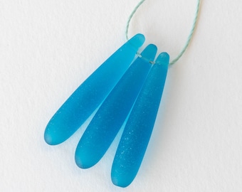 Long Frosted Glass Teardrop Beads - Top Drilled Sea Glass Beads For Jewelry Making - Frosted Glass Beads - Dk Aqua - 4 pcs. (37x8mm)