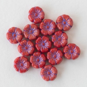 8mm Glass Flower Beads - Czech Glass Beads - Red with Purple Wash - 20 beads