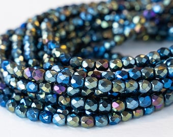 4mm Round Firepolished Glass Beads - Czech Glass Beads - Blue Iris - 50 beads