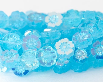 9mm Glass Flower Beads - Czech Glass Beads - Light Aqua Blue - 16 beads