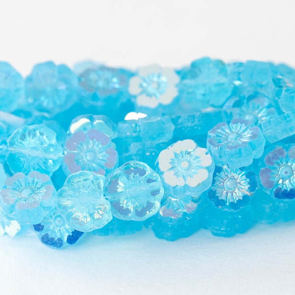 9mm Glass Flower Beads - Czech Glass Beads - Light Aqua Blue - 16 beads