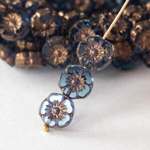 9mm Glass Flower Beads Czech Glass Beads Pale Transparent Blue with Copper Wash 12 beads image 2