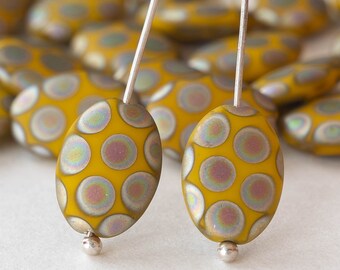 10x14mm Flat Oval Glass Beads From Germany - Yellow Matte with a Peacock Finish - 4 Beads