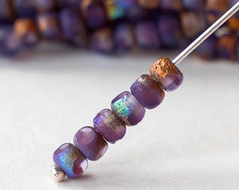Size 6/0 - 3 Cut Aged Picasso Seed Beads For Jewelry Making - Trica Beads - Lavender with Etched Bronze - 50 beads