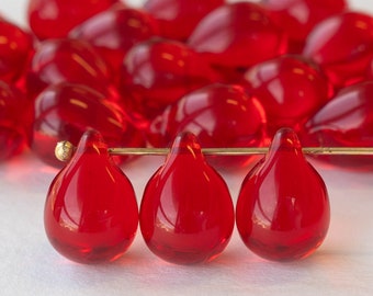 12 or 24 - 10x14mm Teardrop Beads - Jewelry Making Supply - Large Glass Teardrop - Red - Choose Amount