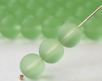 21 - 10mm Round Cultured Sea Glass Beads For Jewelry Making - Recycled Frosted Glass Beads - 8 Inch Strand - 21 Beads - Peridot