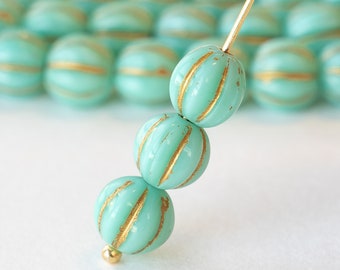 20 - 6mm Melon Beads - Czech Glass Beads For Jewelry Making - Fluted Round - Light Turquoise with Gold Wash - 20 Beads