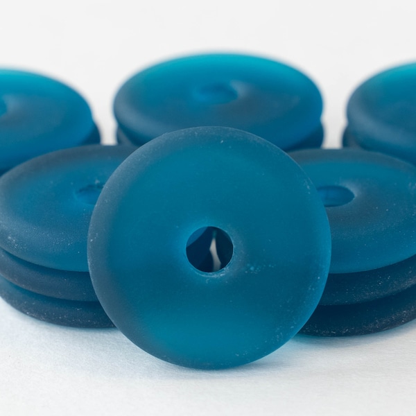 4 - Cultured Sea Glass Donut Beads - Recycled Frosted Glass Beads - 24mm - Teal - 4 donuts