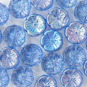 10 - 14mm Glass Flower Beads - Czech Glass Beads - Sapphire Blue AB - 10 beads