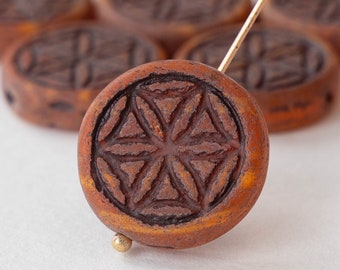 19mm Coin Bead - Czech Glass Beads - Flower Of Life Coin Beads - Terra Cotta Matte with Brown Wash - 2 beads