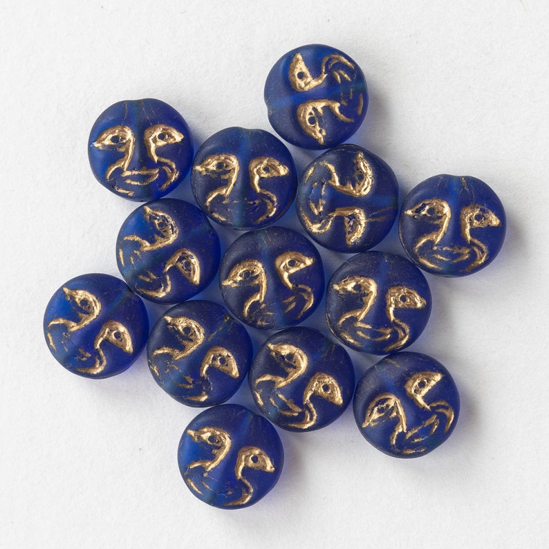 15 13mm Glass Moon Coin Czech Glass Beads Navy Blue with Gold Wash 15 beads image 3