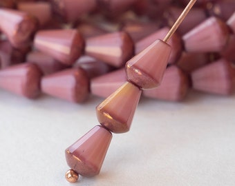 15 Beads - 6x8mm Glass Drop Beads  - Long Drill Faceted Tear Drop Beads - Czech Glass Beads Pink Mauve with  Bronze - 15 Beads