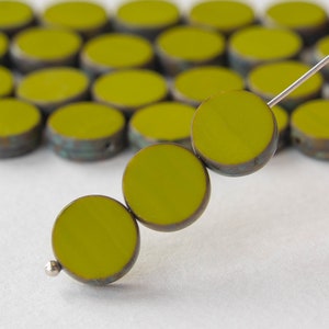 11mm Glass Coin Beads - Table Cut Coins - Czech Glass Beads For Jewelry Making - Picasso Beads - Opaque Olive Green - 6 or 12 Beads