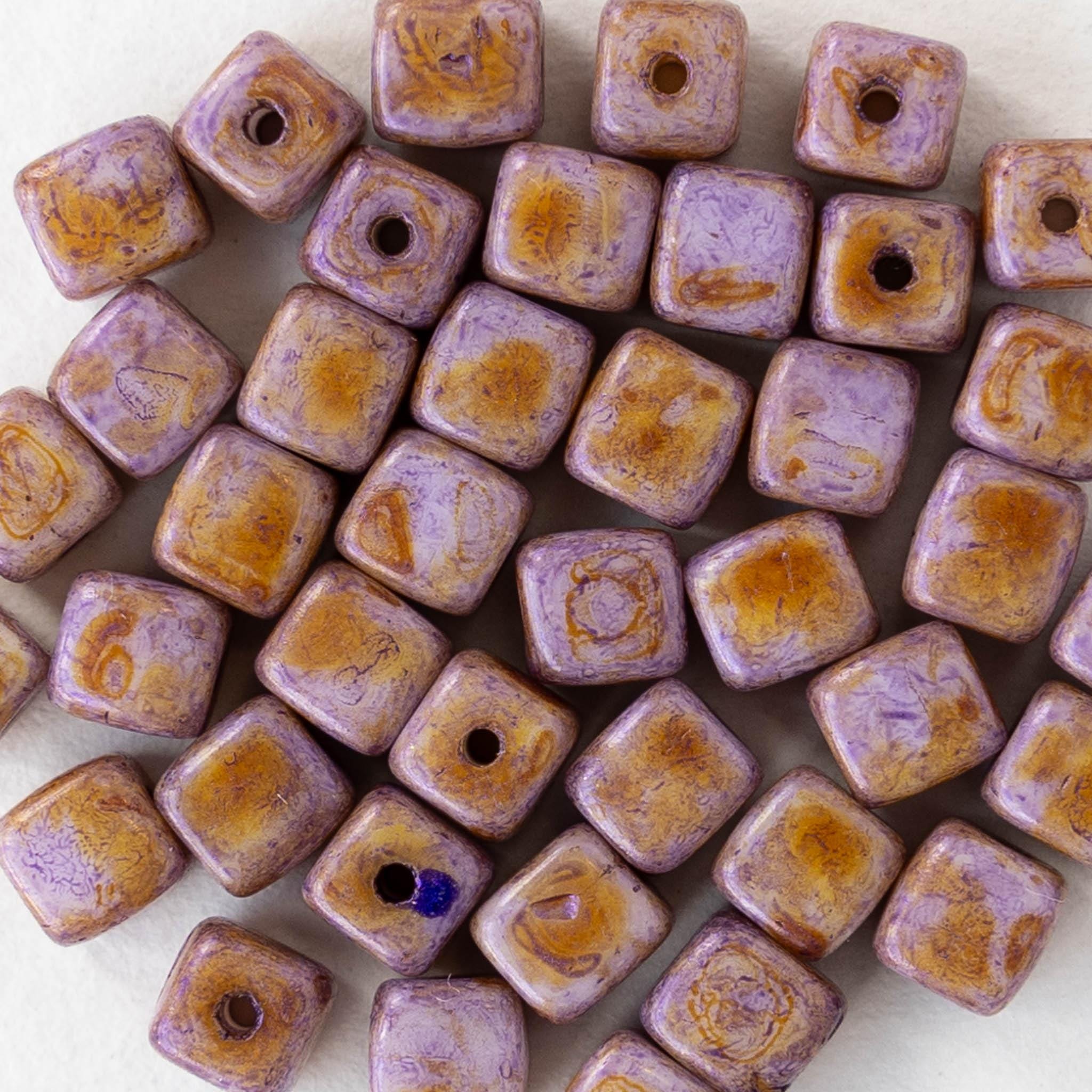 40 - 4mm Glass Cube Beads - Czech Glass Beads - Opaque Mauve Picasso - 40 beads