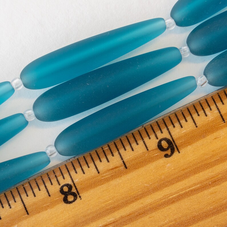 10 Teardrops Cultured Sea Glass Beads Long Drill Teardrop Beads For Jewelry Making TEAL Frosted Beads 38x8mm image 5