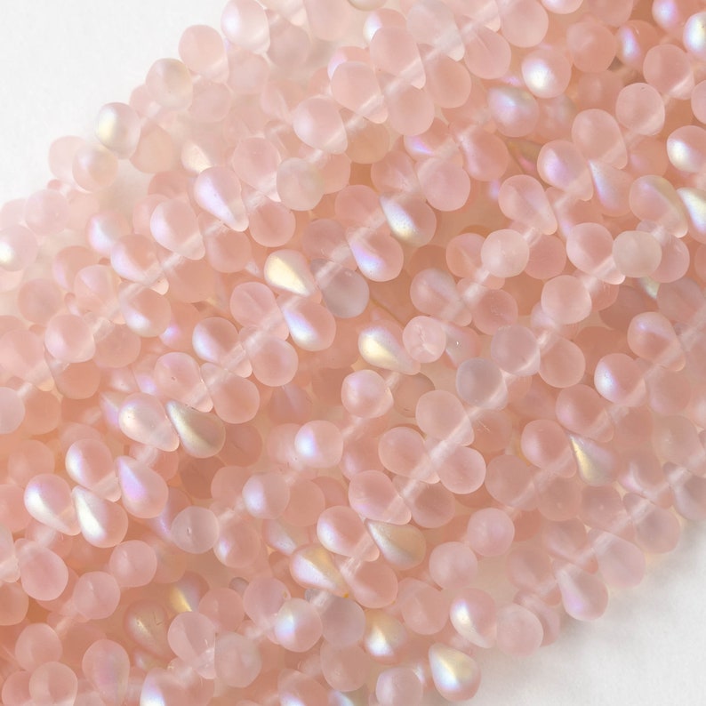 100 4x6mm Glass Teardrop Beads Czech Glass Beads Mermaids Tears Fringe Beads Light Pink Matte 100 image 2