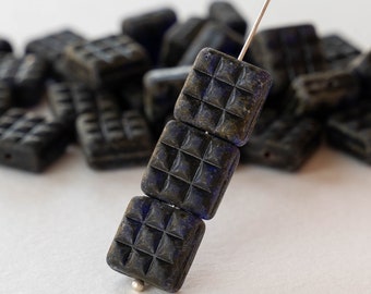 10 - 13mm Glass Tile Bead - Blue Black Matte - Czech Glass Beads - 10 beads