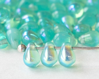 50 - 4x6mm Glass Teardrop Beads - Czech Glass Beads - Mermaids Tears - Fringe Beads - Seafoam Opaline AB  - 50