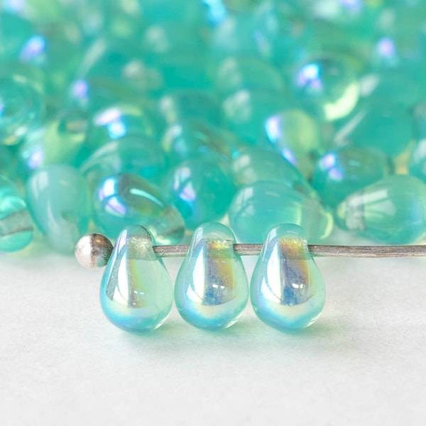 50 - 4x6mm Glass Teardrop Beads - Czech Glass Beads - Mermaids Tears - Fringe Beads - Seafoam Opaline AB  - 50