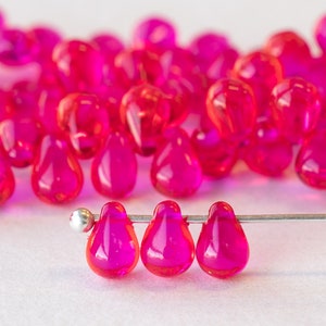 6x4mm Teardrop Beads For Jewelry  Making - Glass Tear Drop Beads 4x6mm - Hot Pink - 80 Drops - Smooth Briolette Beads