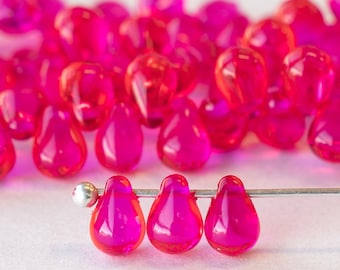 6x4mm Teardrop Beads For Jewelry  Making - Glass Tear Drop Beads 4x6mm - Hot Pink - 50