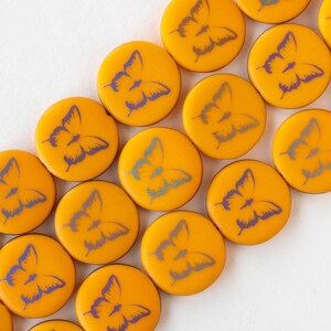 8 - 17mm Glass Coin Beads - Czech Glass Beads - Opaque Orange with Laser Etched Butterflies - 8 beads
