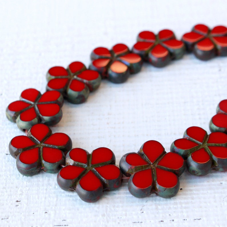 17mm Red With Travertine Finish 0066 Beads Table Cut Czech Glass Beads Flower Beads