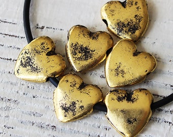 Mykonos Rustic Gold Heart Beads - Jewelry Making Supply - - 14mm Heart Beads - Large Hole - Made In Greece - Choose Amount