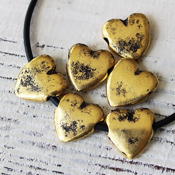 Mykonos Rustic Gold Heart Beads - Jewelry Making Supply - - 14mm Heart  Beads - Large Hole - Made In Greece - Choose Amount