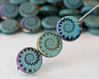 14mm Coin Bead - Czech Glass Beads - Laser Tattoo Beads - Nautilus Design -  Turquoise withe Purple  slipperit Finish - 8 beads