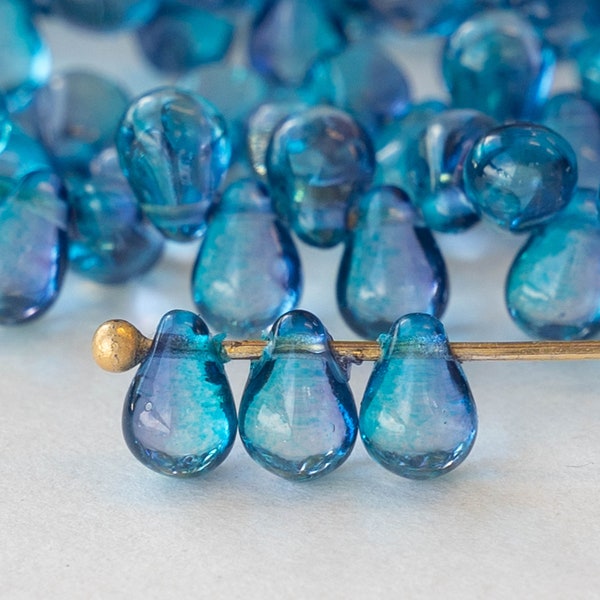 4x6mm Teardrop Beads - Czech Glass Beads - Jewelry Making Supplies (80 Drops) 6x4mm  Glass Tear Drop Transparent  Azure Blue
