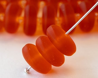 Sea Glass Rondelle - Cultured  Recycled Sea Glass Beads - Jewelry Making Supply - Frosted Glass Bead - Orange Hyacinth - 28pc - 12x5mm