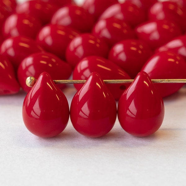 12 or 24 - 10x14mm Large Glass Teardrop Beads - Jewelry Making Supplies - Opaque Red Beads - Choose Amount