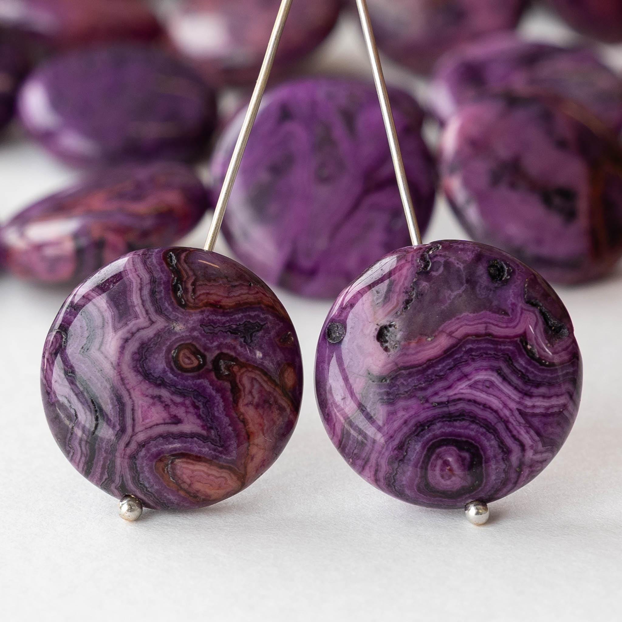 20mm Dyed Jasper Pillowed Coin Beads - Purple Swirl - 16 Inch Strand ...