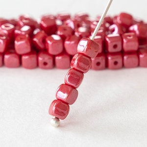 100 - 4mm Cube Beads - Czech Glass Beads -  Opaque Red with Pink Luster - 100 beads