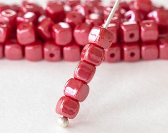 100 - 4mm Cube Beads - Czech Glass Beads -  Opaque Red with Pink Luster - 100 beads