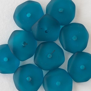 Wavy Rondelle Sea Glass Beads - Jewelry Making Supply - Frosted Glass Beads - Beach Glass - 14mm (10 beads) Teal