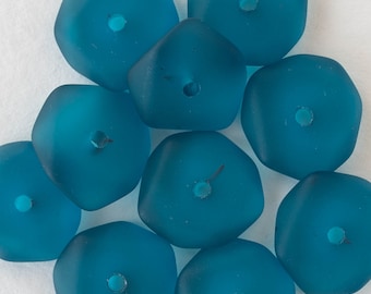 Wavy Rondelle Sea Glass Beads - Jewelry Making Supply - Frosted Glass Beads - Beach Glass - 14mm (10 beads) Teal