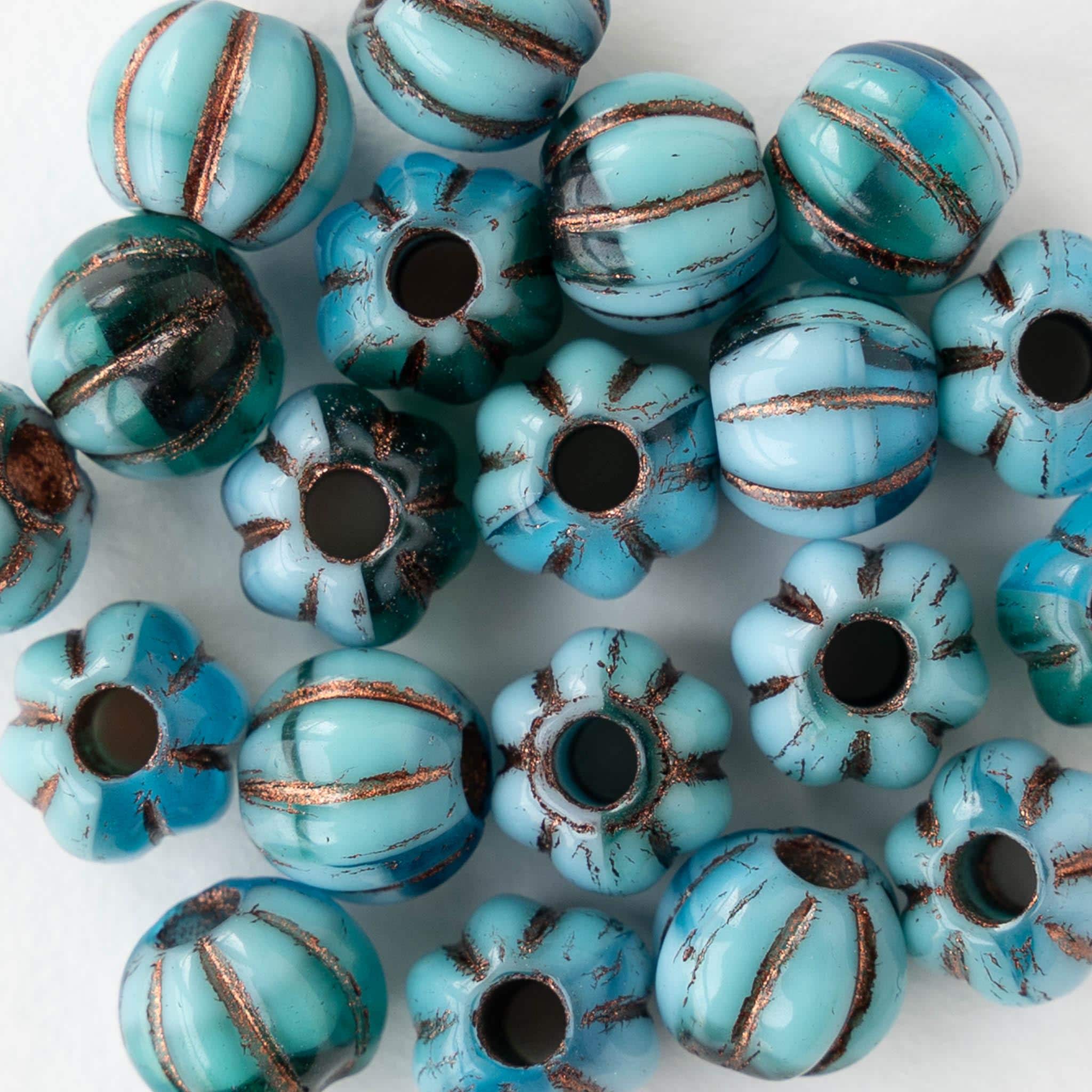 20 - 8mm Glass Melon Bead - Czech Glass Beads - Green Blue Mix With Bronze Wash - 20 beads