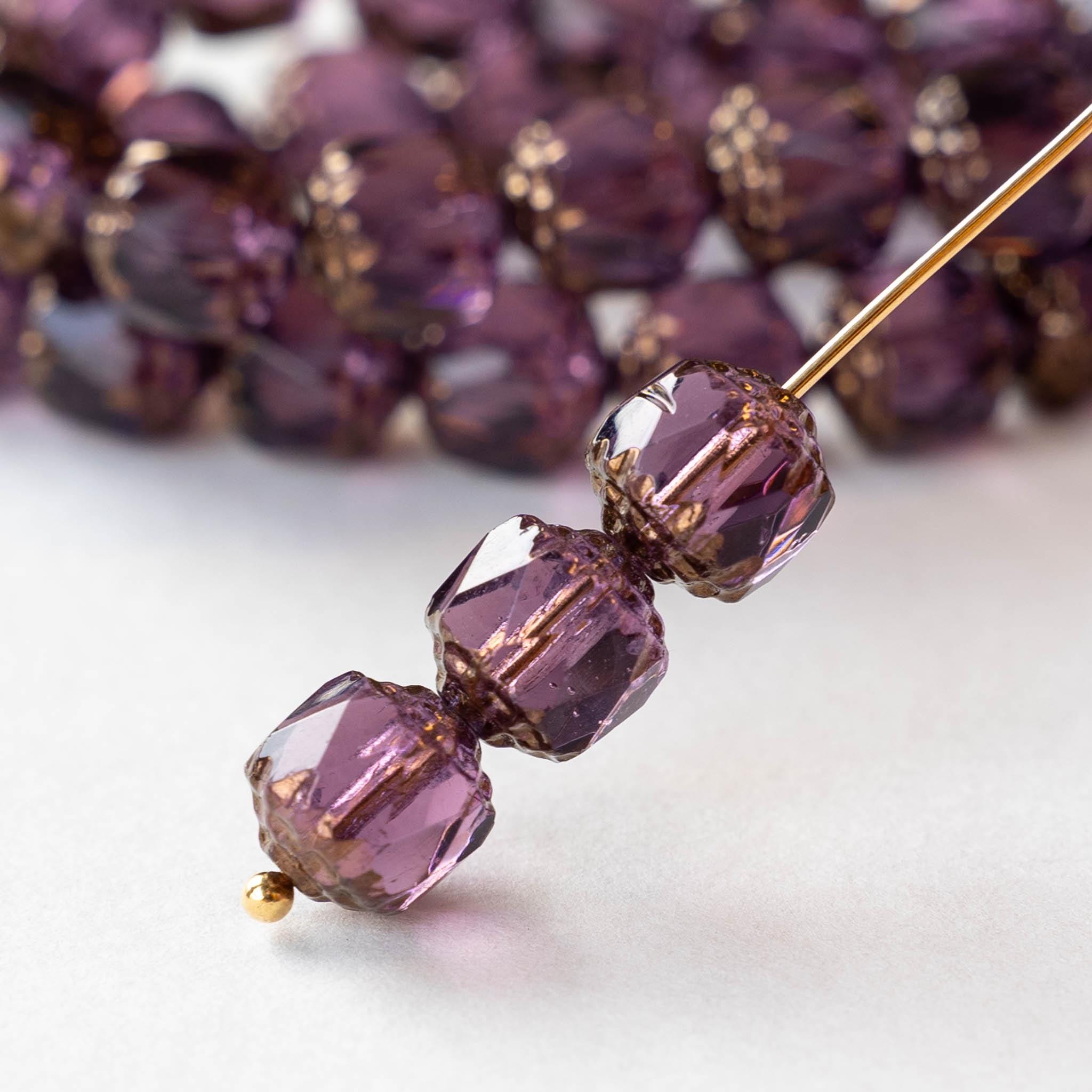 8mm Glass Cathedral Tube Beads - Czech Glass Beads - Transparent Amethyst with Bronze - 6 or 18 beads