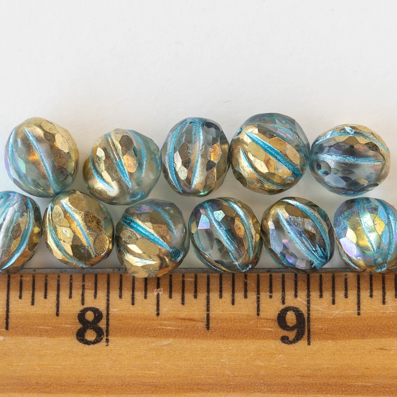 10mm Faceted Melon Beads 10mm Round Beads Czech Glass Beads Transparent Glass with a Gold Luster and a Turquoise Finish 12 Beads image 4