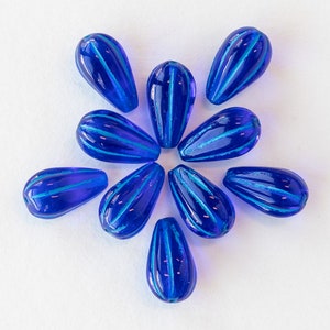 8x13mm Fluted Teardrop Beads -  Melon Drop Beads For Jewelry Making - Royal Blue With Aqua Wash - Czech Glass Beads - 10 Beads