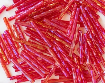 15mm Twisted Bugle Beads - Twisted Tube - Czech Glass Beads - Magenta AB - 200 Beads