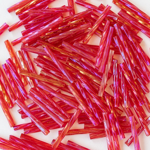 15mm Twisted Bugle Beads - Twisted Tube - Czech Glass Beads - Magenta AB - 200 Beads