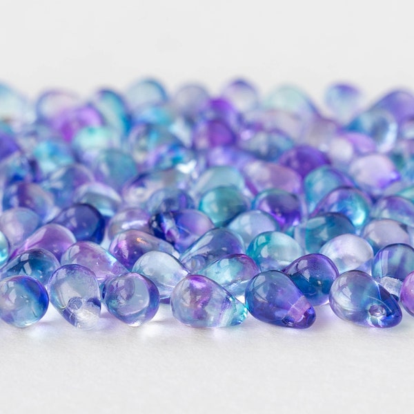 4x6mm Glass Teardrop Beads - Czech Glass Beads - Transparent Blue Lavender Mix - 100 Beads